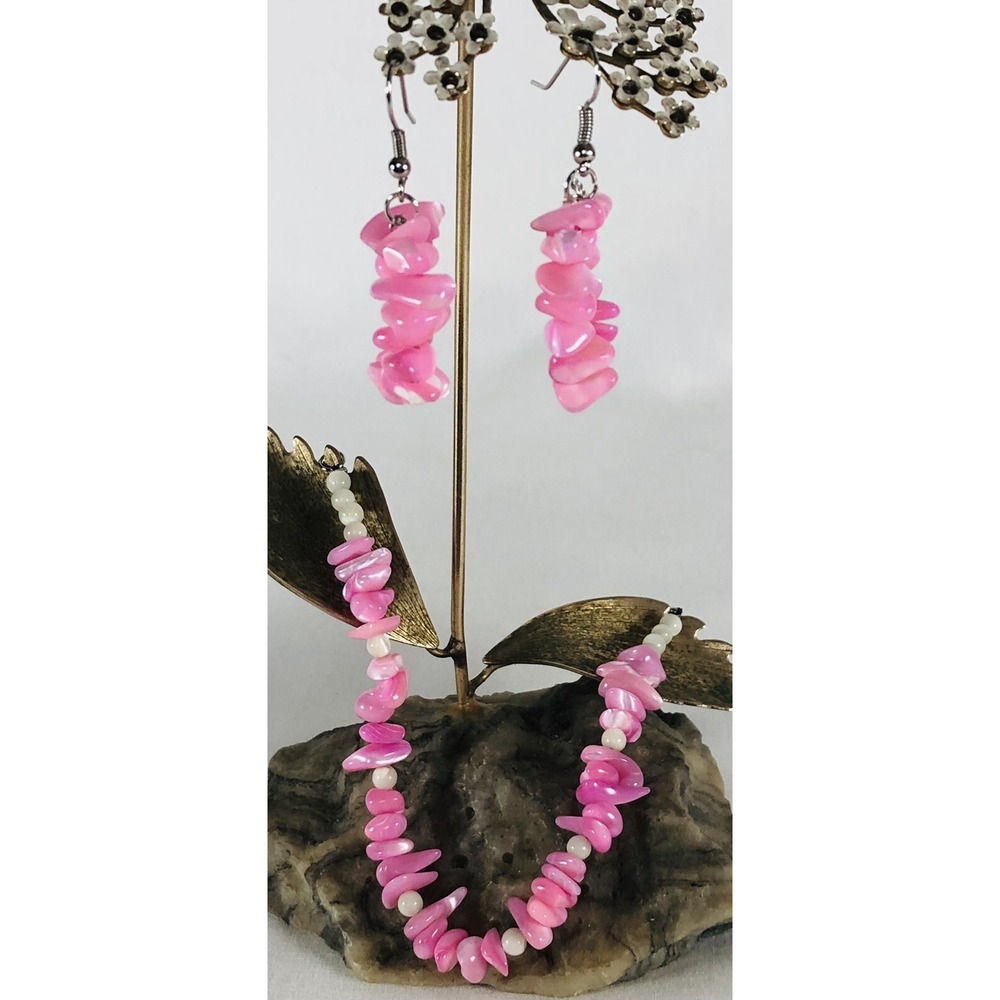 Pink Rose Quartz Jewelry Set Bracelet Earrings White Glass Beads